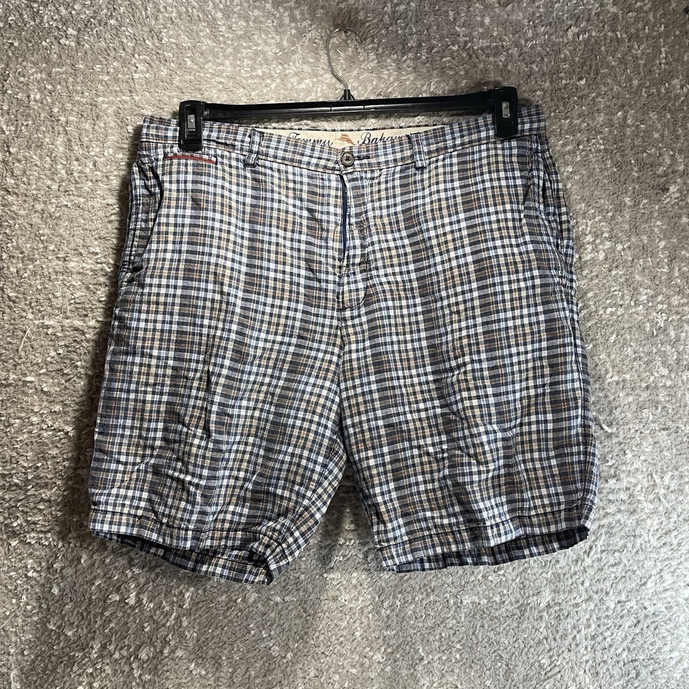 Tommy Bahama Plaid Shorts Linen Blend Sz 38 Beach Casual Travel Preppy